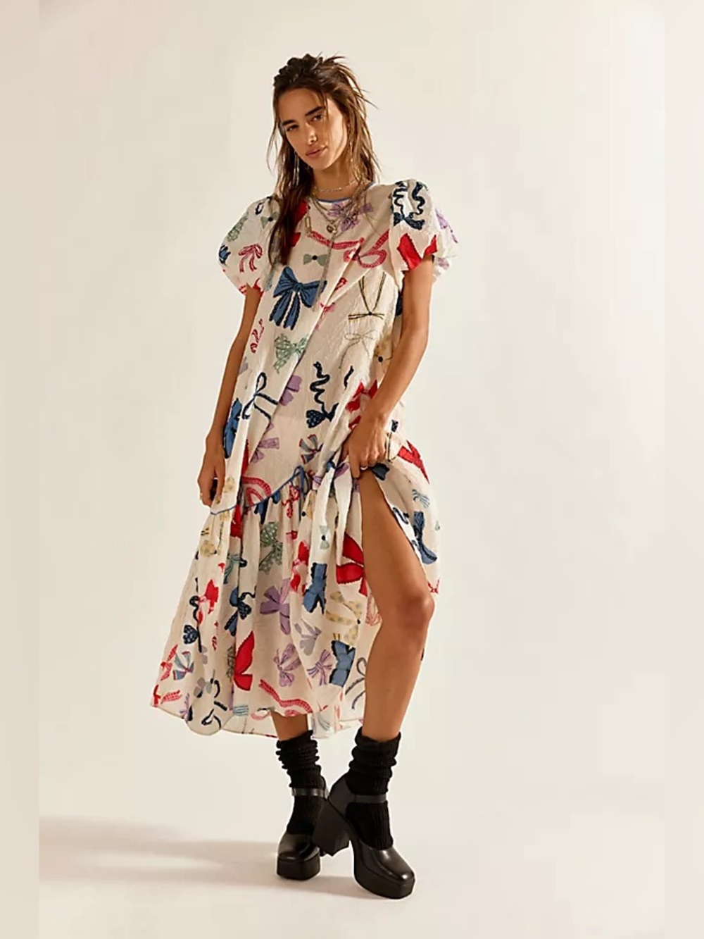 Free People Tied In A Bow Midi Dress Bow Print Medium